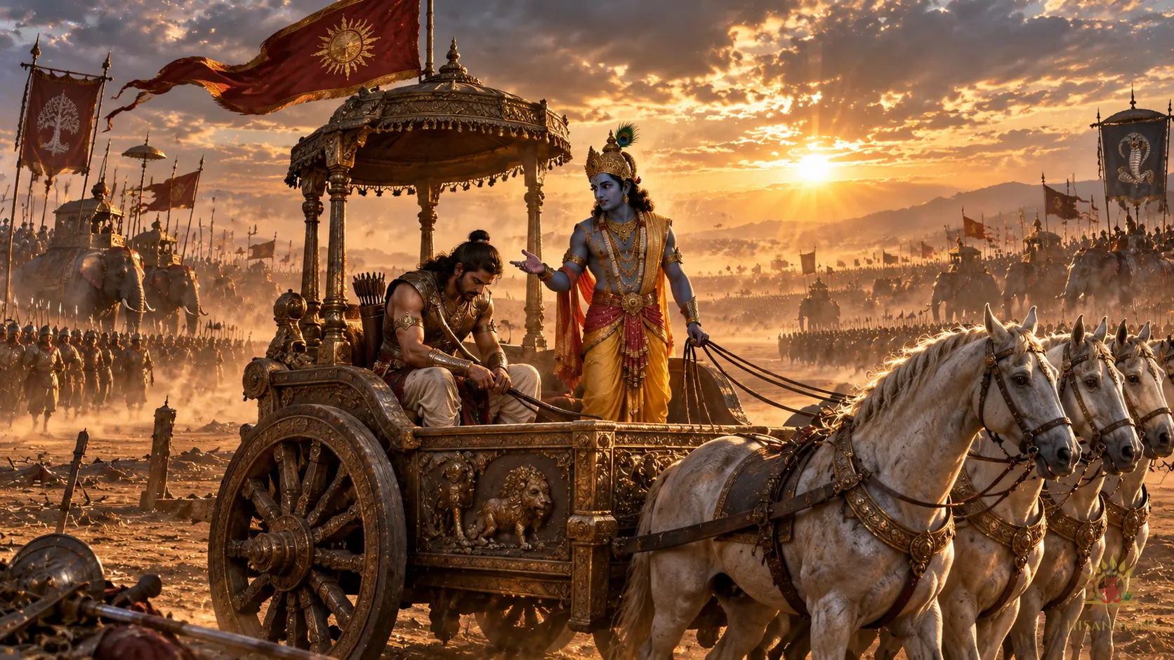 Krishna addresses Arjuna between ancient armies at Kurukshetra — Bhagavad Gita 2.2 Summary, duty, Krishna teachings