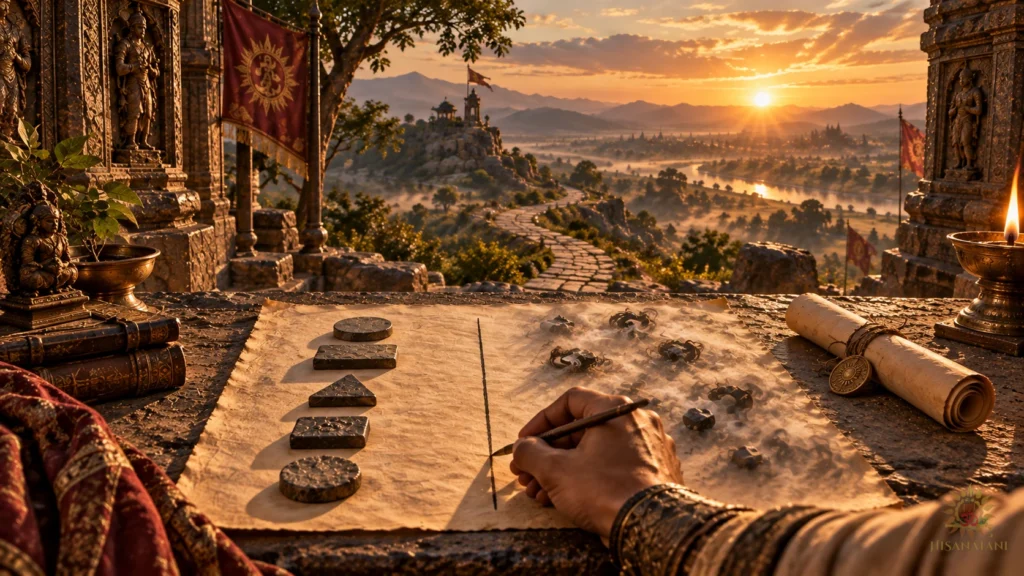 A hand separates facts from fears before one path reaches sunrise — Bhagavad Gita Summary 2.1, overcoming fear.