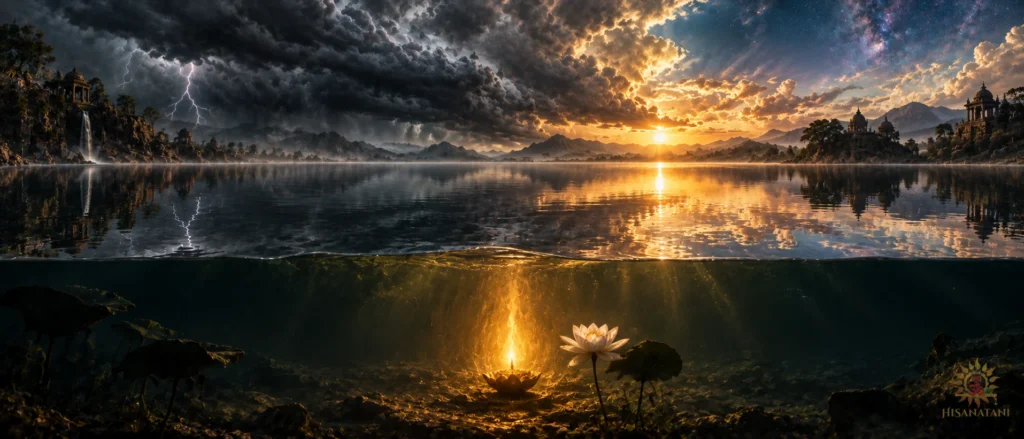 A steady golden flame glows beneath stormy water — Bhagavad Gita 2.1 Summary, Bhagavad Gita on fear.