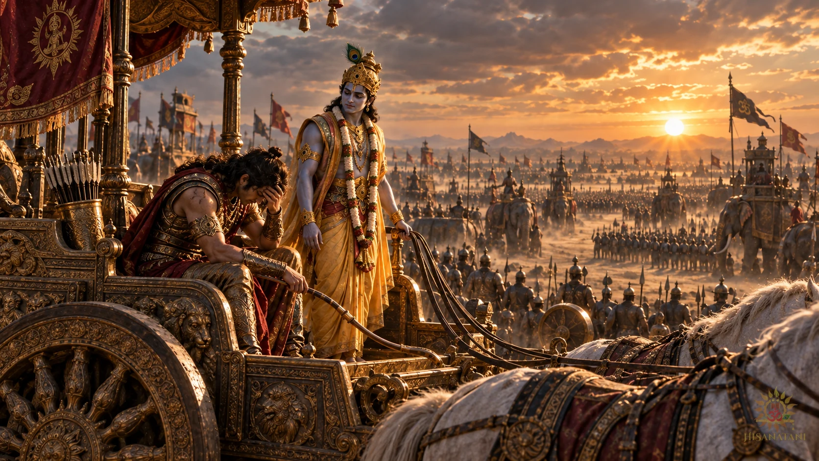 Arjuna sits grieving in his chariot as armies wait across Kurukshetra — Bhagavad Gita Summary 2.1, Krishna teachings.