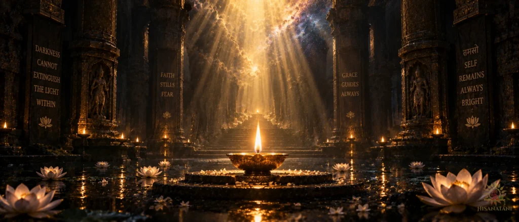 A single diya shines through vast darkness beneath divine rays — Bhagavad Gita 2.1 Summary, inner courage.