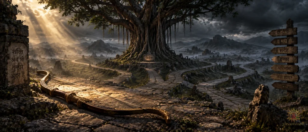 An abandoned bow rests where many misty paths divide — Bhagavad Gita 2.1 Summary fear and anxiety.