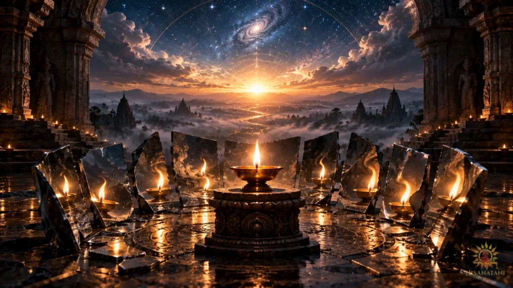 A lone sacred lamp reflected through broken mirrors symbolizes Bhagavad Gita 2.7 Summary and deeper clarity.