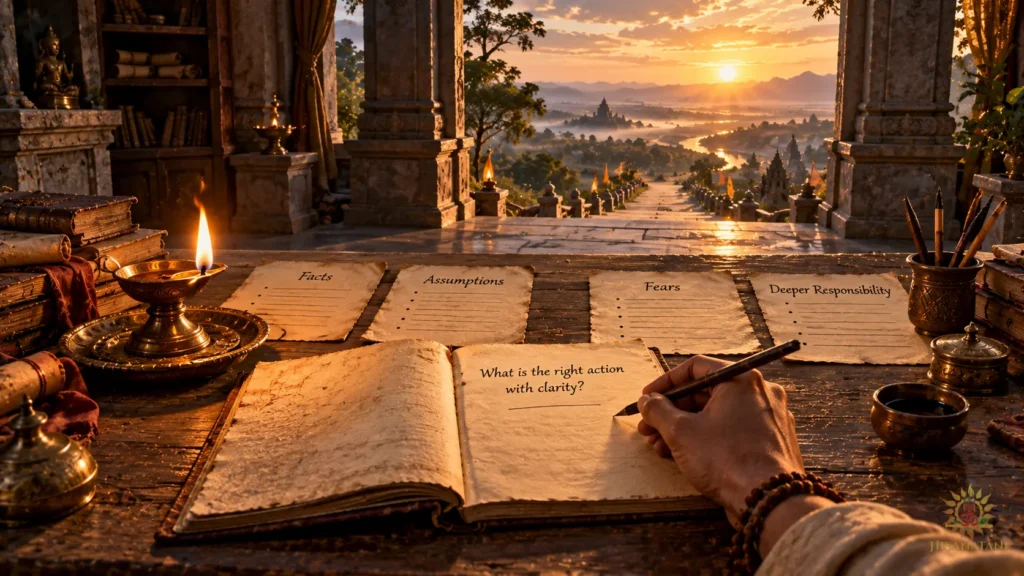 A hand writes in a quiet journal before a sunlit path, applying Bhagavad Gita 2.7 Summary to decision making.