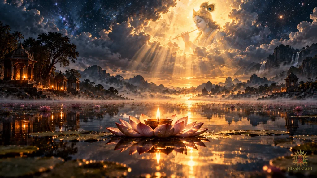 A diya on a lotus receives celestial light, portraying Bhagavad Gita 2.7 Summary and spiritual surrender.