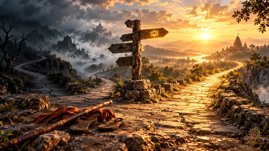 An ancient crossroads pauses before one lighted path, expressing Bhagavad Gita 2.7 Summary and the search for clarity.