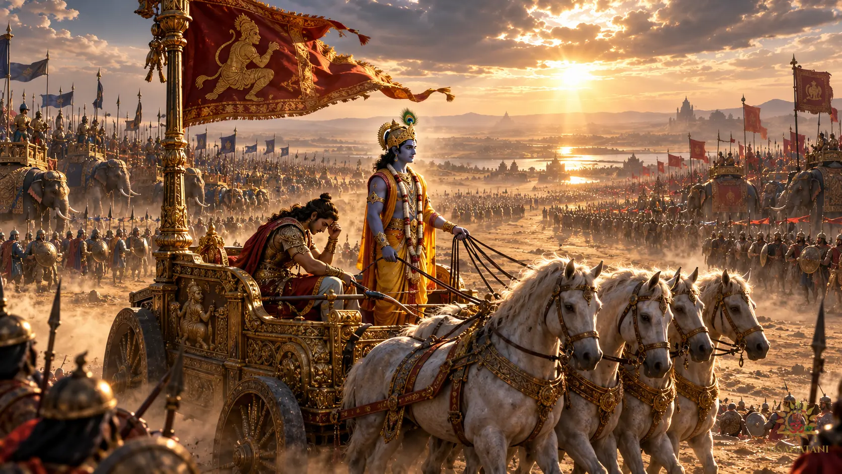 Krishna and Arjuna pause between ancient armies at Kurukshetra in Bhagavad Gita 2.7 Summary, seeking guidance.