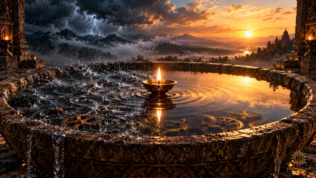 Turbulent water becomes still around a golden flame, reflecting Bhagavad Gita 2.7 Summary and decision making clarity.
