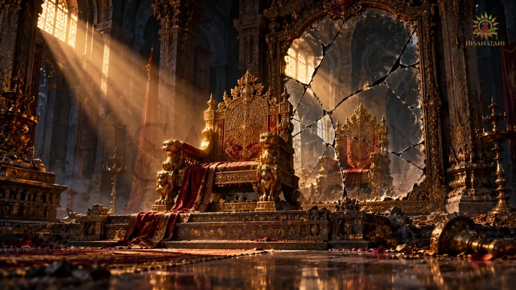A golden throne faces a cracked mirror in a dark hall, Bhagavad Gita 2.8 Summary and the spiritual meaning of success