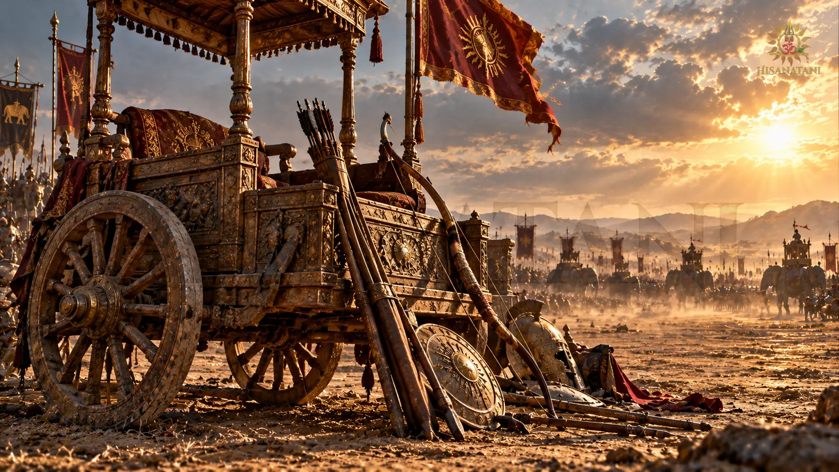 A weathered wooden war chariot on the dusty plain of Kurukshetra, Bhagavad Gita 2.8 Summary and Arjuna's crisis