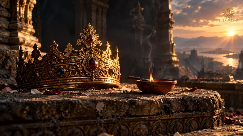 A golden crown rests beside a fading diya flame, Bhagavad Gita 2.8 Summary and success without stress