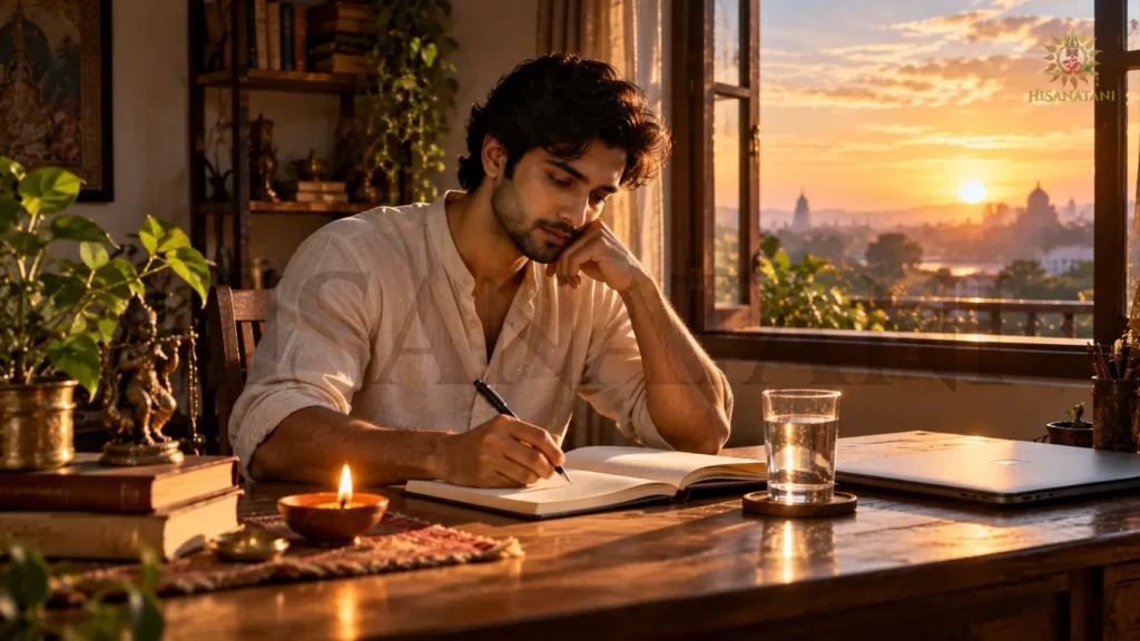 A professional journals beside a diya at sunrise, Bhagavad Gita 2.8 Summary and daily Bhagavad Gita wisdom