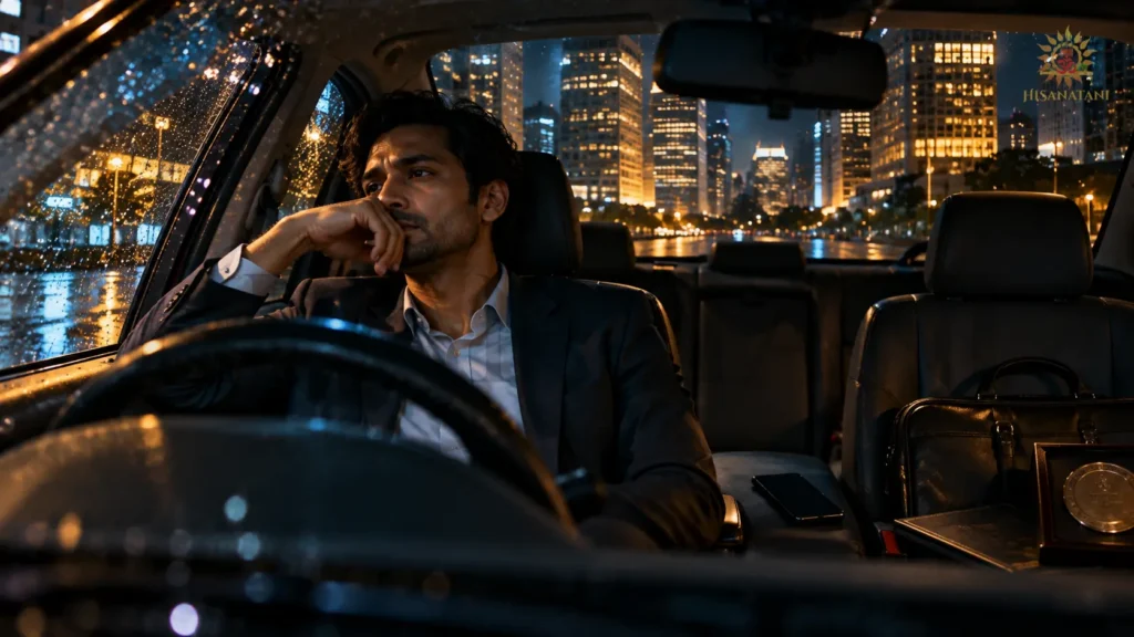 A tired professional sits alone in a parked car at night, Bhagavad Gita 2.8 Summary and Bhagavad Gita burnout