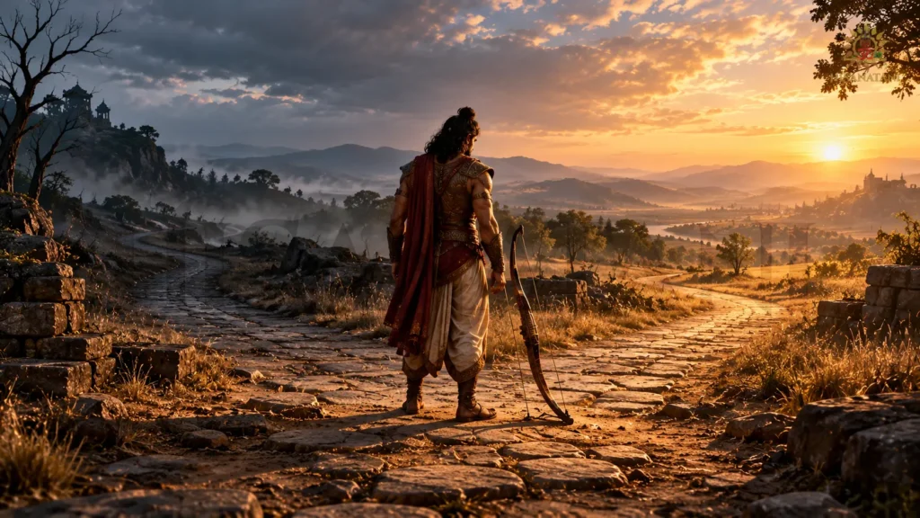 A warrior pauses beside a lowered bow at a forked path, Bhagavad Gita 2.9 Summary, Gita life lessons and spiritual meaning.