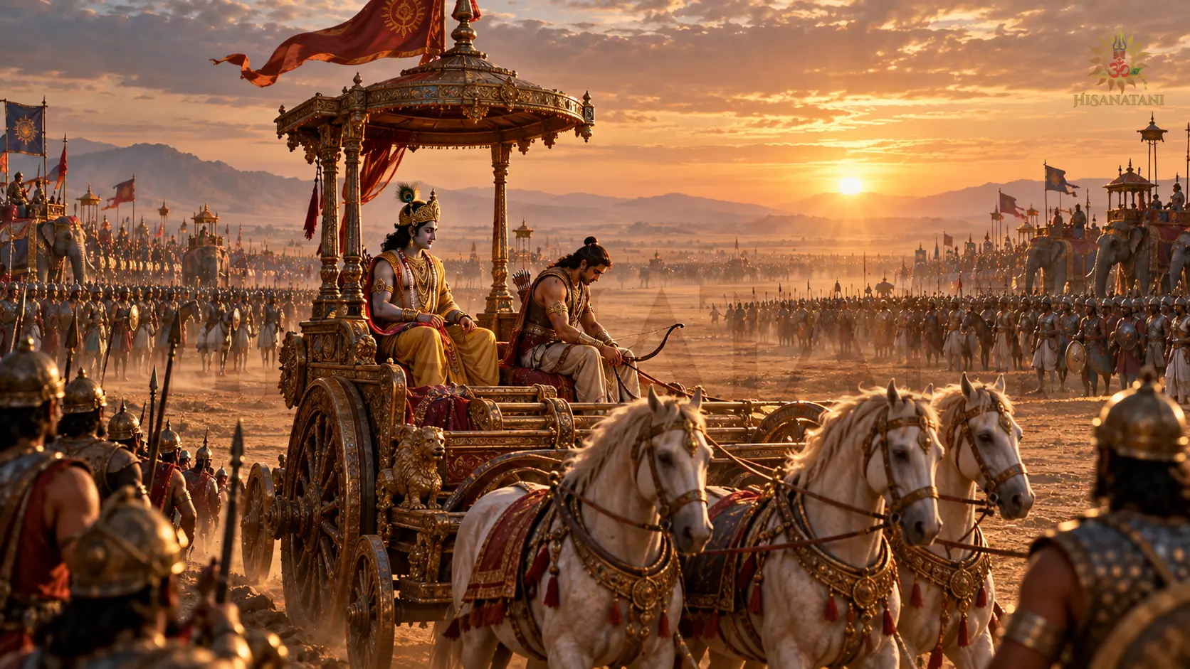 Arjuna falls silent in Krishna's chariot between waiting armies, Bhagavad Gita 2.9 Summary, Bhagavad Gita on duty.