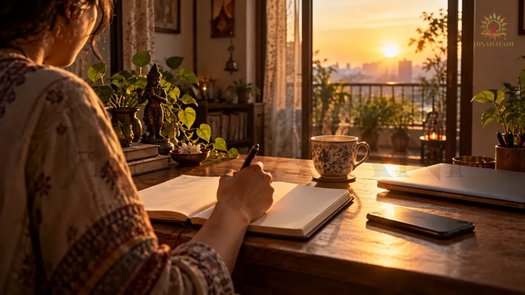 A hand records one next step in a notebook at sunrise, Bhagavad Gita 2.9 Summary, quiet quitting and burnout recovery.