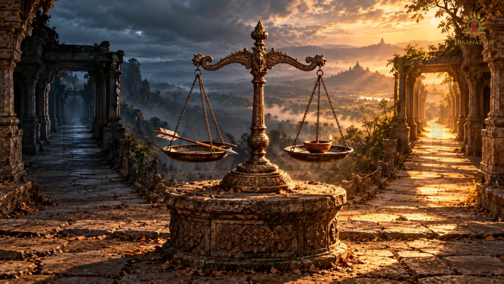 An unsettled bronze scale between two shadowed paths, Bhagavad Gita 2.9 Summary, Bhagavad Gita teachings on duty.