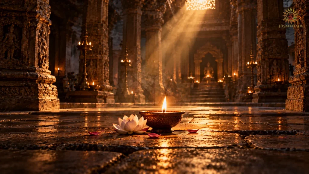 A steady diya illuminates a lotus in an ancient temple, Bhagavad Gita 2.9 Summary, spiritual meaning and Gita teachings.