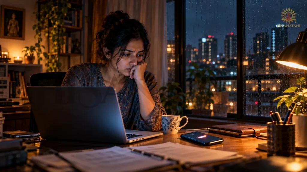 An exhausted professional hesitates over an unread message, Bhagavad Gita 2.9 Summary, burnout and emotional exhaustion.