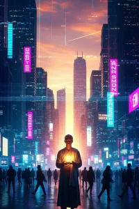 Modern city skyline at dusk with blurred hurried figures and one calm figure glowing softly.