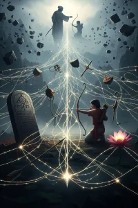 Ancient scroll unrolling with softly glowing Sanskrit text of Bhagavad Gita 1.3, with a contemplative modern person in the background.