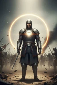 Calm warrior surrounded by chaos with a glowing spiritual aura encircling them.