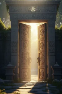 Softly illuminated ancient doorway inviting entrance to deeper spiritual knowledge with mystical light rays.