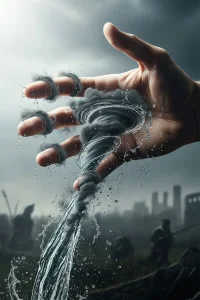 Close-up of a hand trying to grasp smoke or water, with a blurred, distant battlefield in the background.