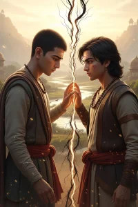 A symbolic visual of two young men, Dronacharya and Drupada, standing close together as friends. A subtle rift is forming between them, symbolizing a growing division.
