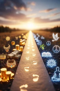 Defined path with glowing footsteps leading to horizon, with wealth symbols on one side and peace and wisdom on the other.
