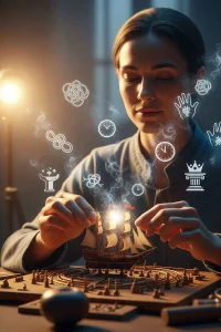 Serene person calmly working, surrounded by fading symbols of stress and expectations.