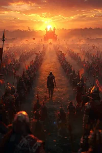 A vast army stands in formation on a misty battlefield at dawn. A lone warrior walks down the center aisle towards a distant, ornate gate, with the sun rising behind it.